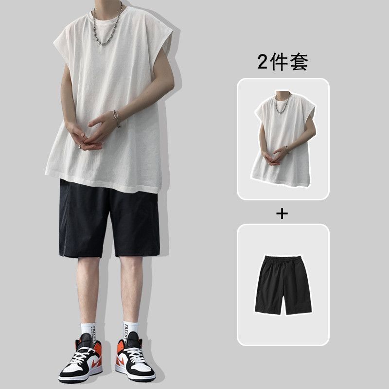 【單件/套裝】寬鬆純色背心無袖T恤+休閒運動短褲兩件套裝