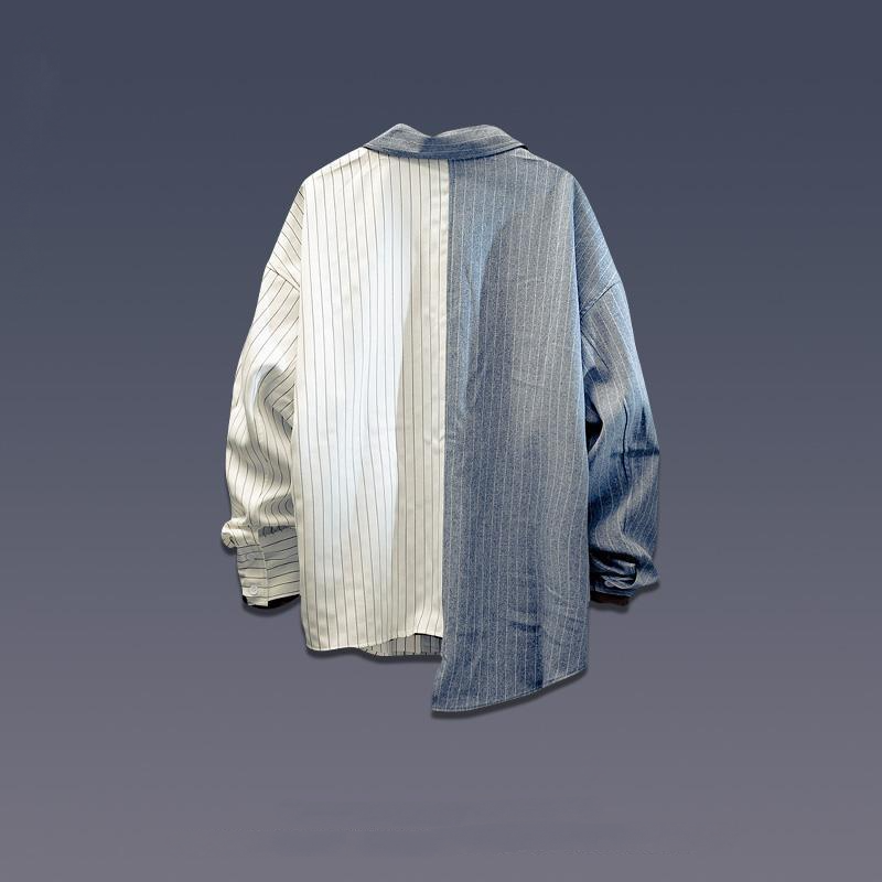 潮流不對稱長袖條紋撞色拼接襯衫