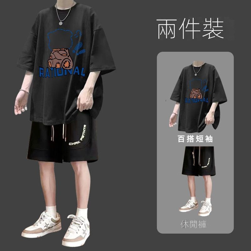 【單件/套裝】休閒百搭潮流寬鬆印花短袖T恤+短褲兩件套裝