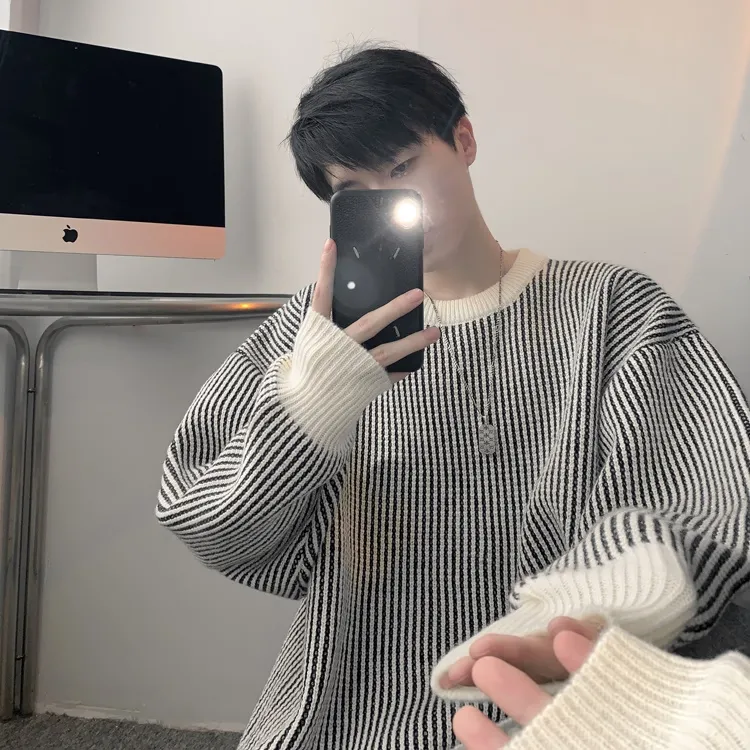 黑白條紋百搭軟糯內搭慵懶高級寬鬆情侶針織毛衣