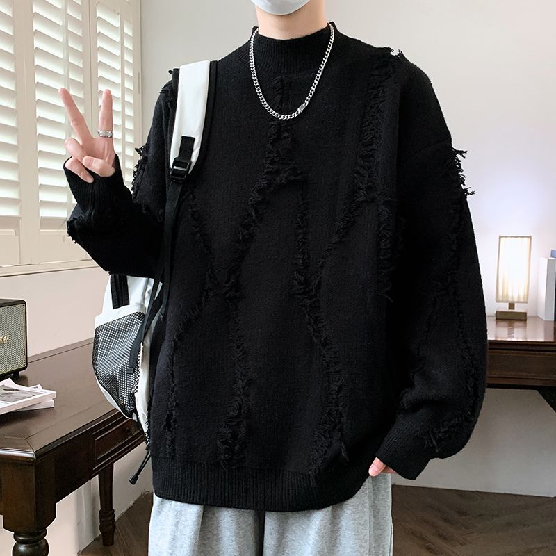 時尚潮流破洞款加厚圓領長袖針織毛衣