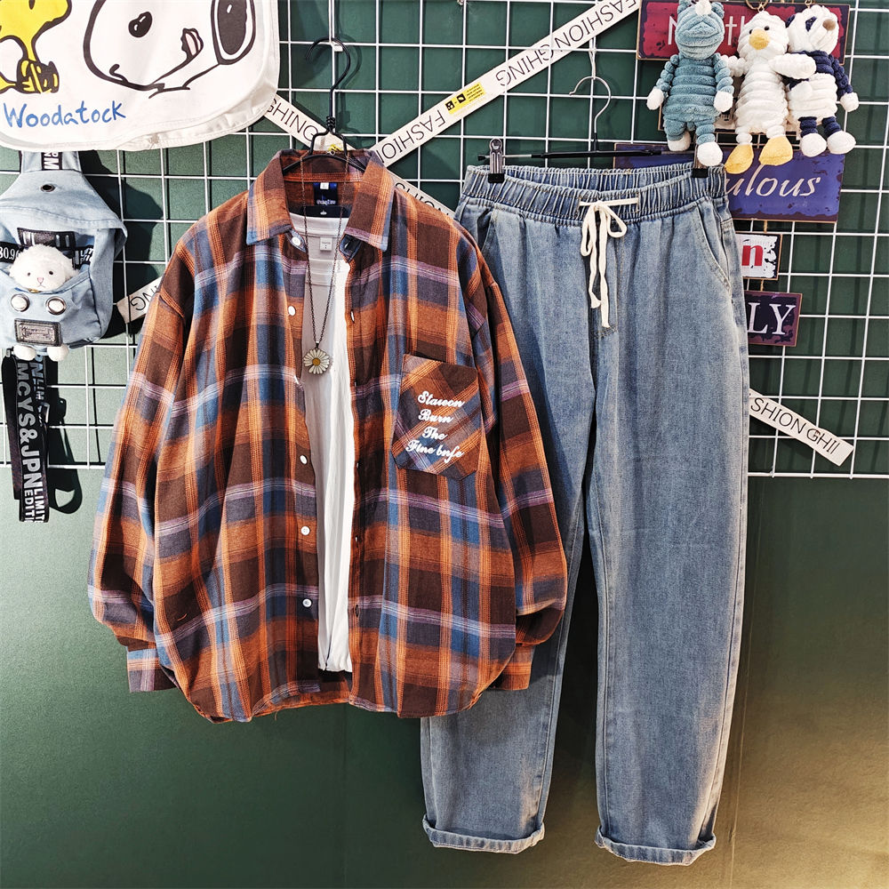 【單件/套裝】日系ins高街格子長袖襯衫 百搭T恤 帥氣休閒牛仔褲褲裝三件套套裝