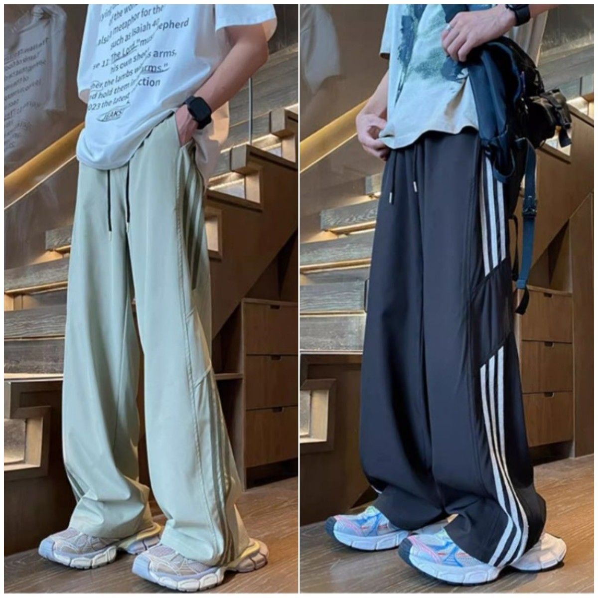 美式三條杠冰絲速乾高街hiphop寬鬆闊腿休閒運動褲