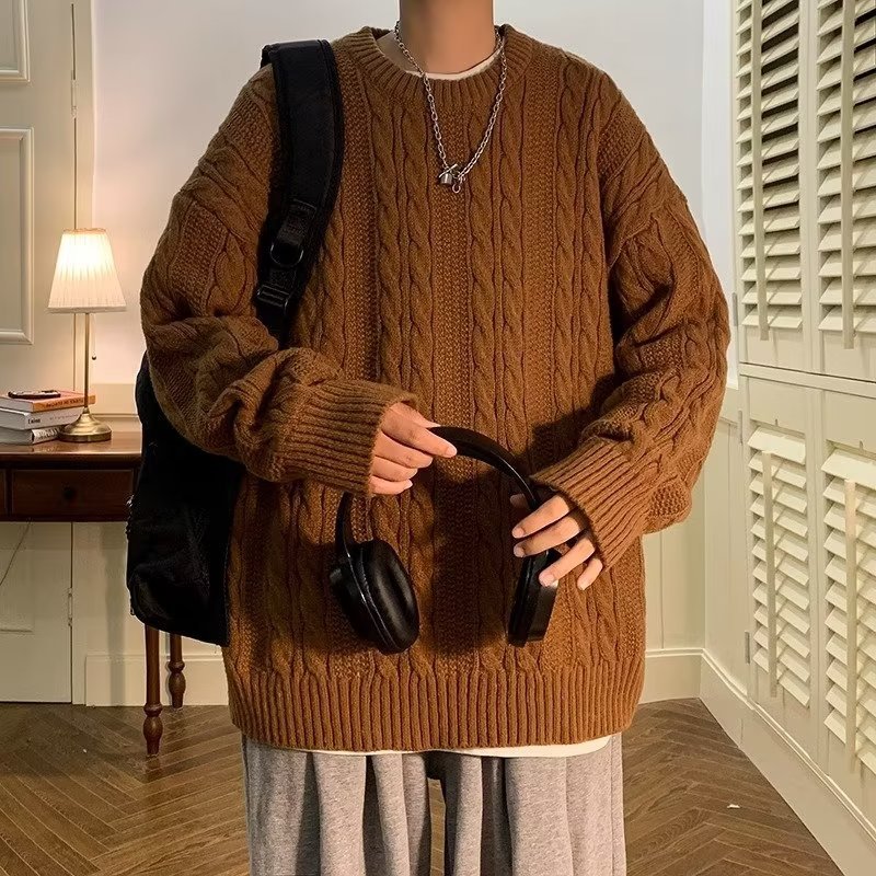 潮流麻花圓領ins復古針織衫