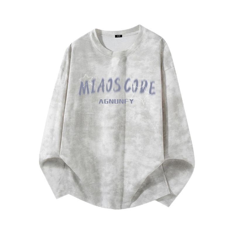 美式高街潮牌寬鬆休閒印花圓領扎染長袖T恤