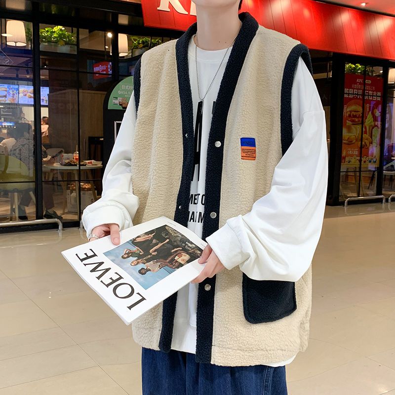 日系寬鬆復古無袖羊羔毛港風毛絨馬甲外套