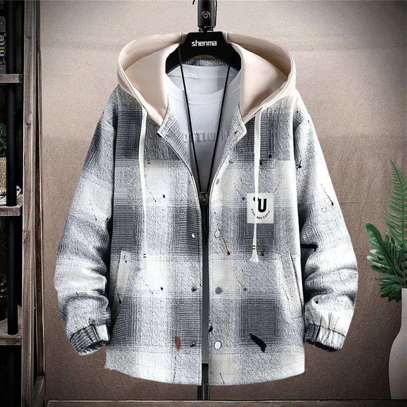 刷毛加厚格子大碼休閒寬鬆撞色港風帥氣連帽外套