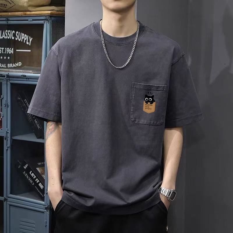 美式復古寬鬆圓領休閒口袋短袖T恤