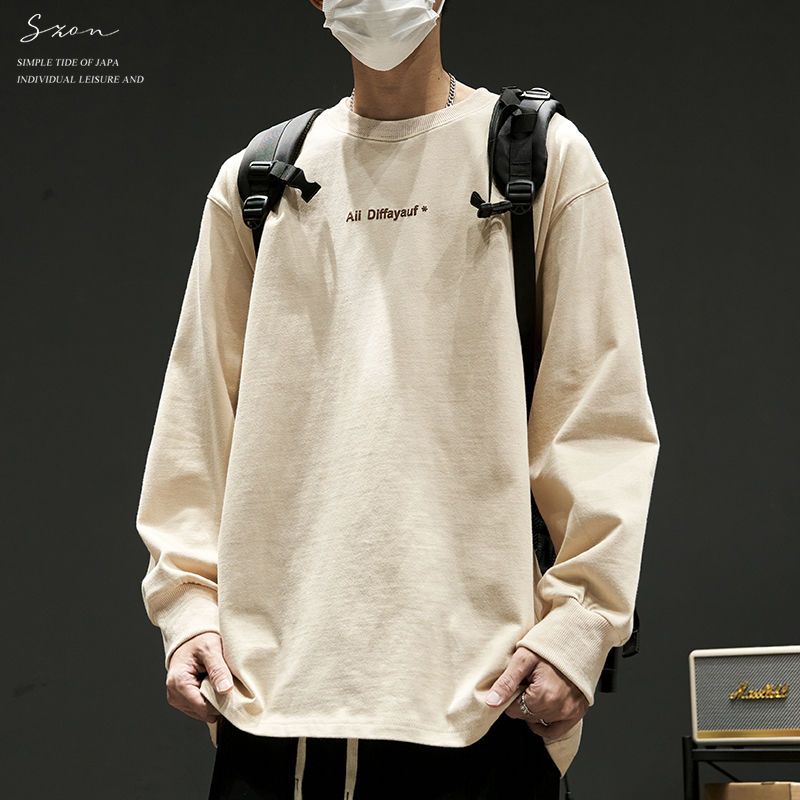 日系潮流寬圓領簡約字母長袖T恤