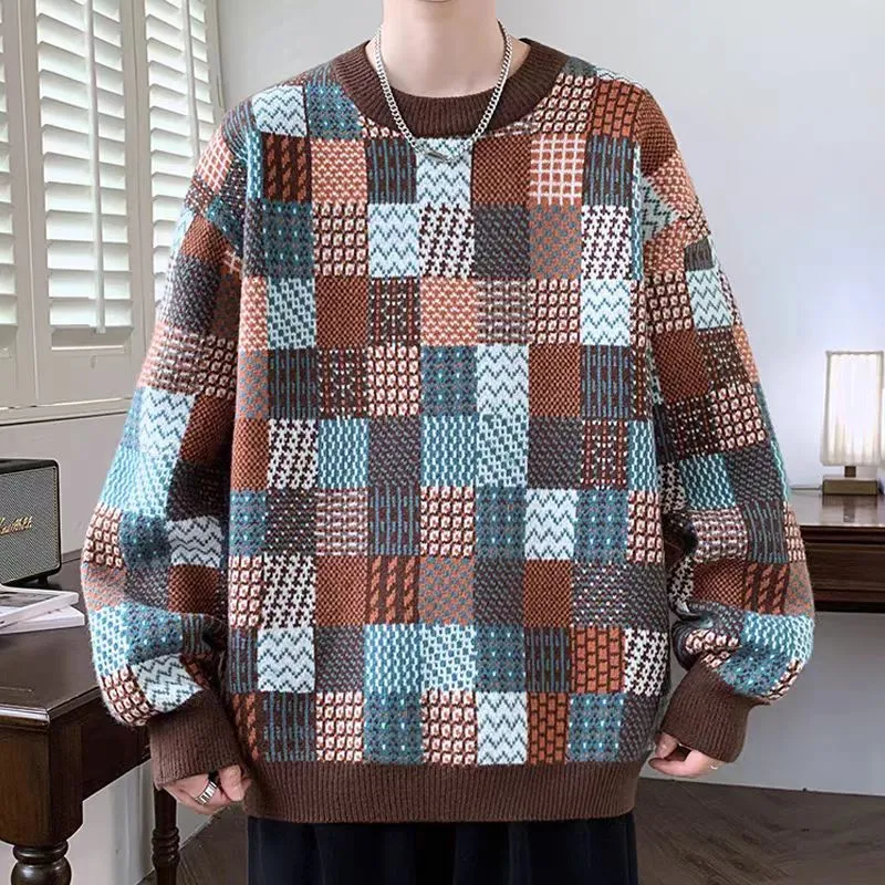 寬鬆休閒保暖針織衫圓領打底帥氣格子毛衣