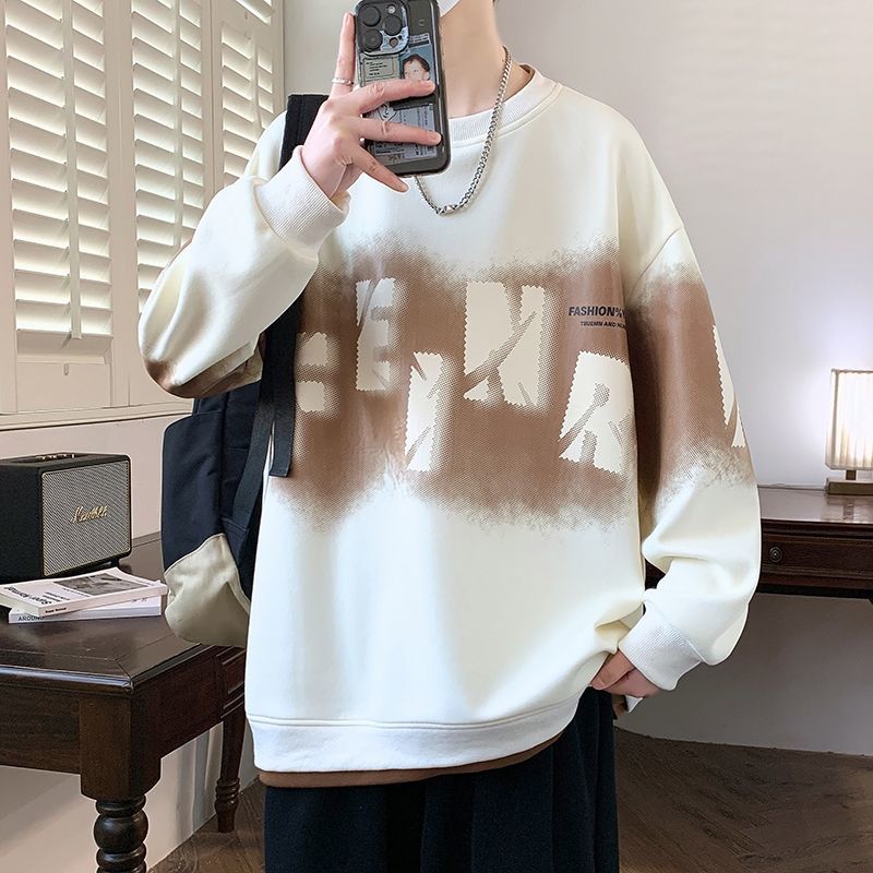 圓領刷毛加厚字母印花寬鬆帥氣長袖T恤