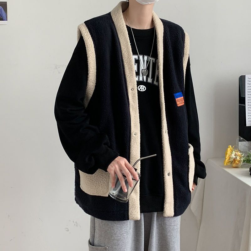 日系寬鬆復古無袖羊羔毛港風毛絨馬甲外套