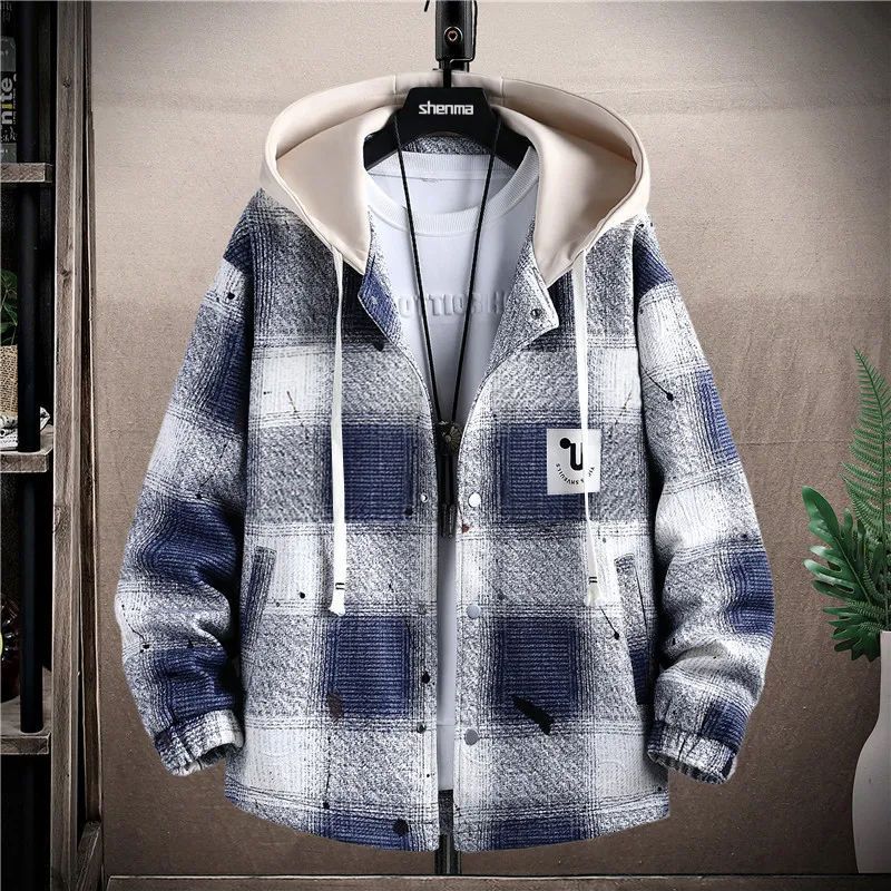 刷毛加厚格子大碼休閒寬鬆撞色港風帥氣連帽外套