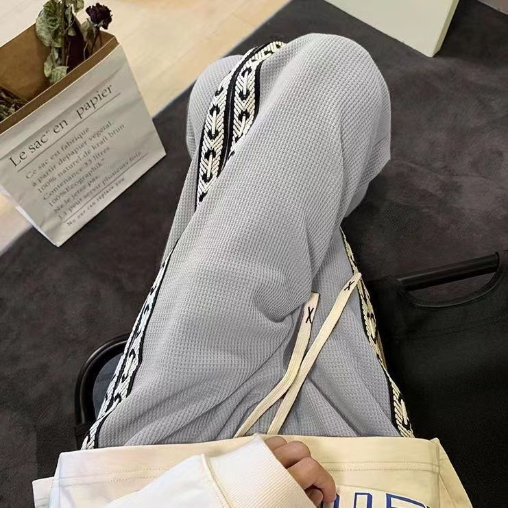 美式高街華夫格潮牌直筒闊腿褲裝