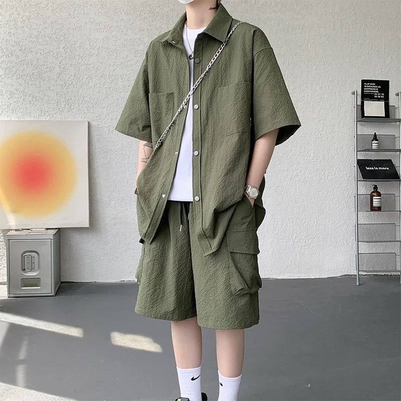 【整套】休閒帥氣潮流百搭款短袖襯衫+五分短褲兩件套裝
