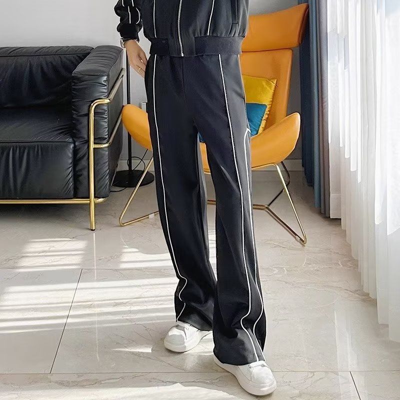 【整套】撞色輯明線立領寬鬆痞帥外套+休閒闊腿運動褲兩件套