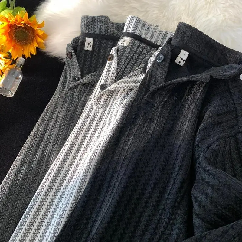 亨利領魚骨紋紐扣黑白條紋拼色打底衫長袖衛衣