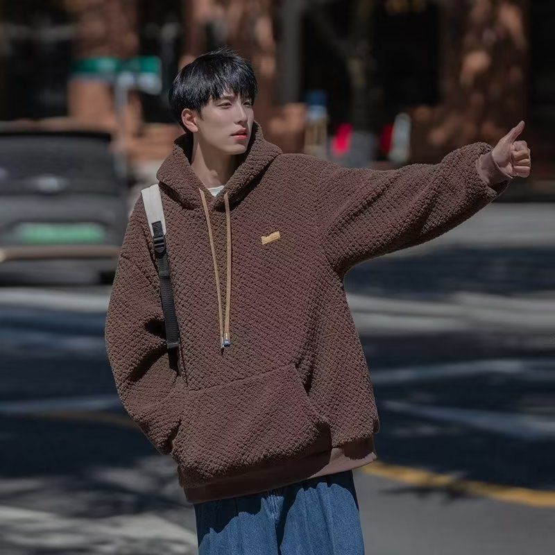 潮牌港風重磅寬鬆刷毛加厚保暖羊羔毛連帽衫