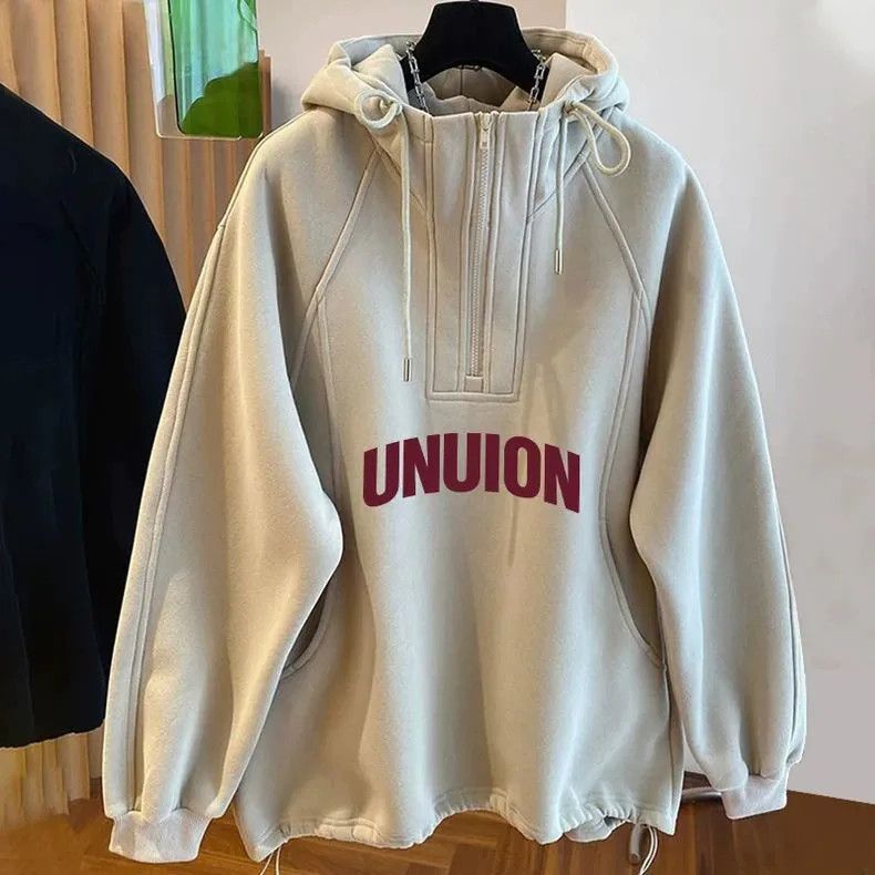 字母印花潮流設計寬鬆大碼拉鍊情侶連帽T