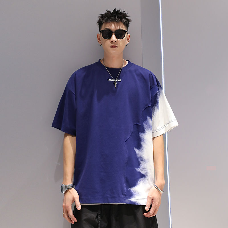 夏季撞色重磅純棉拼接漸變短袖男美式潮牌設計感寬鬆小眾痞帥T恤