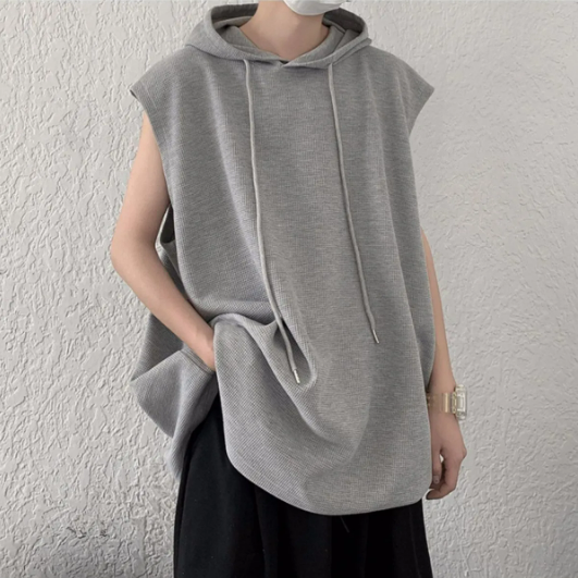 華夫格港風寬鬆帥氣連帽坎肩無袖背心