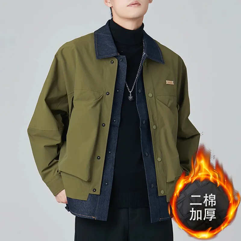 假兩件設計感潮牌寬鬆翻領夾棉夾克外套