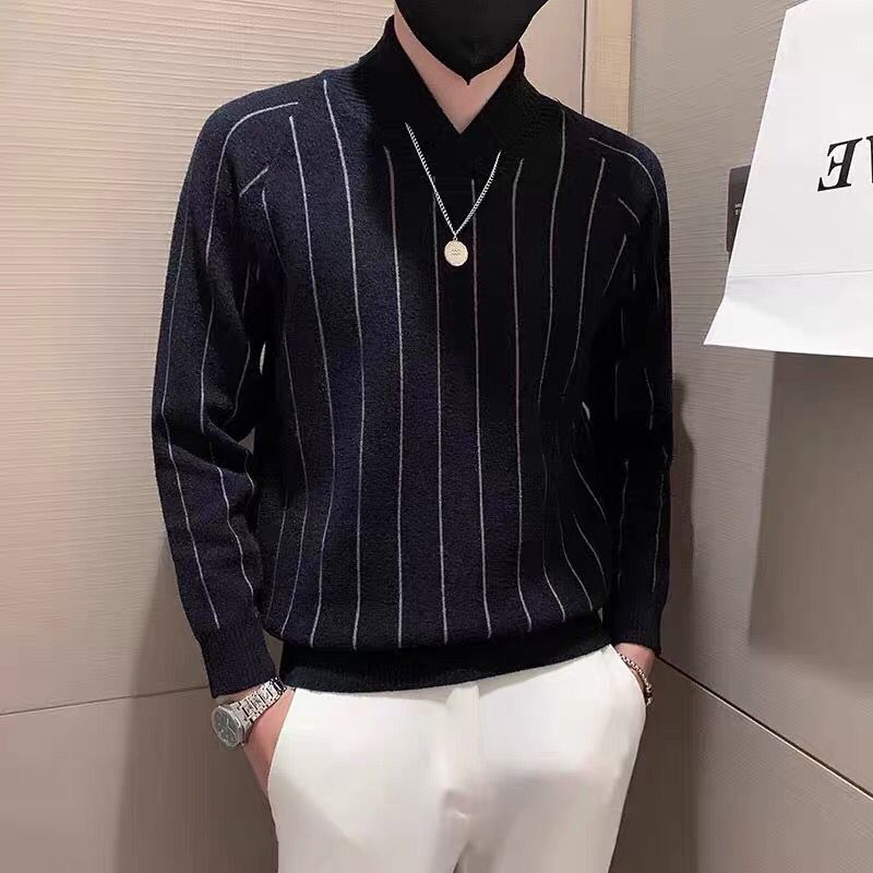 潮流痞帥高級感翻領條紋修身針織打底衫