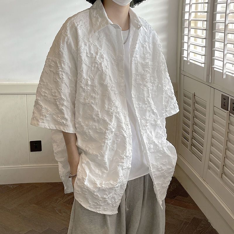 浮雕壓花潮ins痞帥休閒寬松雅痞小眾短袖襯衫