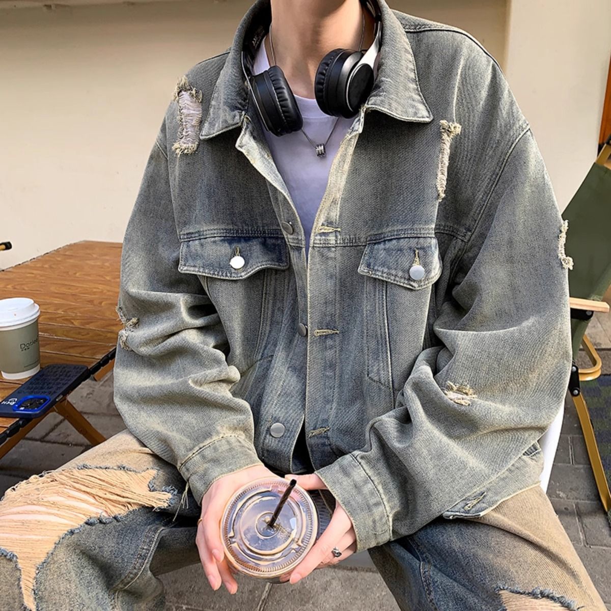 百搭高級感痞帥美式復古工裝夾克破洞牛仔外套