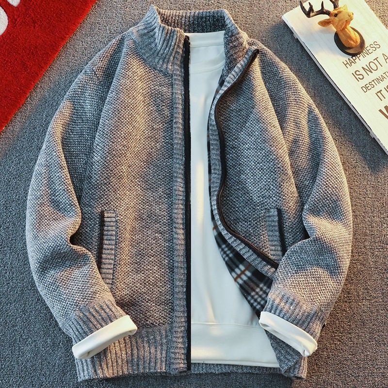 刷毛保暖立領毛衣拉鏈潮流休閒針織開衫外套