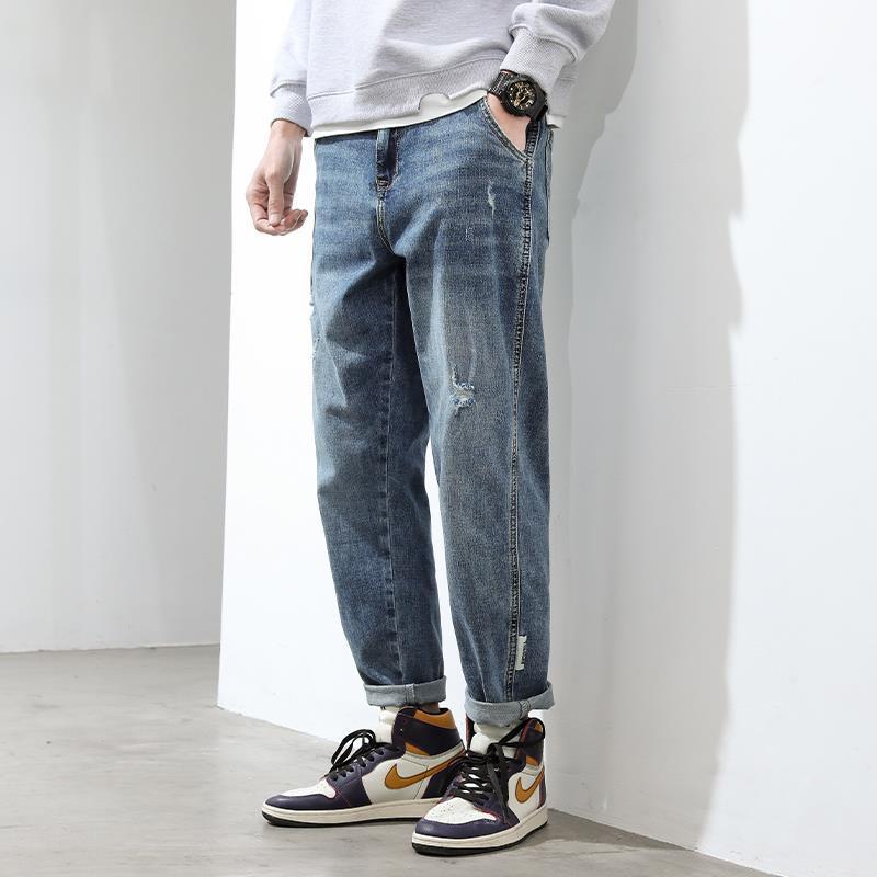 破洞牛仔直筒九分工裝褲裝