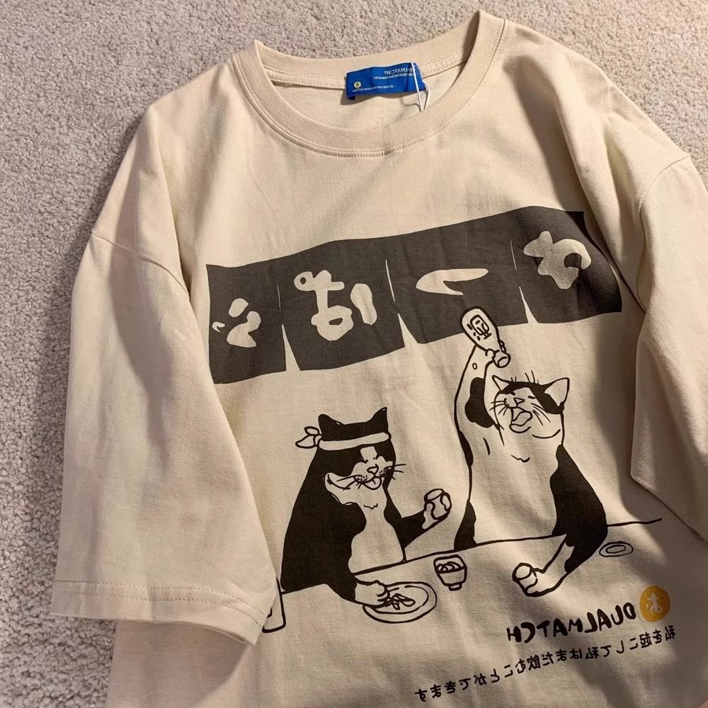 日系復古貪吃貓T恤夏季速乾短袖t恤寬鬆學生上衣服