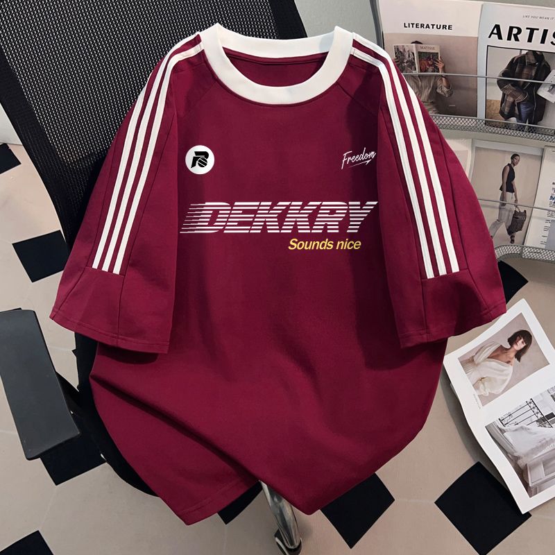 純棉短袖T恤男女夏季美式潮牌字母印花寬鬆三條杠半袖上衣