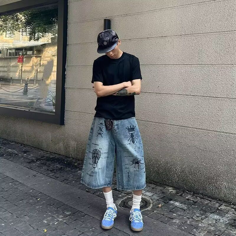 復古美式高街塗鴉男女寬松休閑顯瘦直筒七分牛仔褲