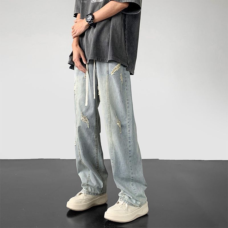 時尚潮流寬鬆闊腿直筒破洞牛仔褲