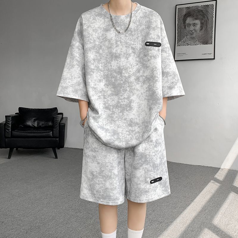 夏季套裝男小眾設計感紮染七分袖t恤短褲潮流酷帥大碼男裝一整套
