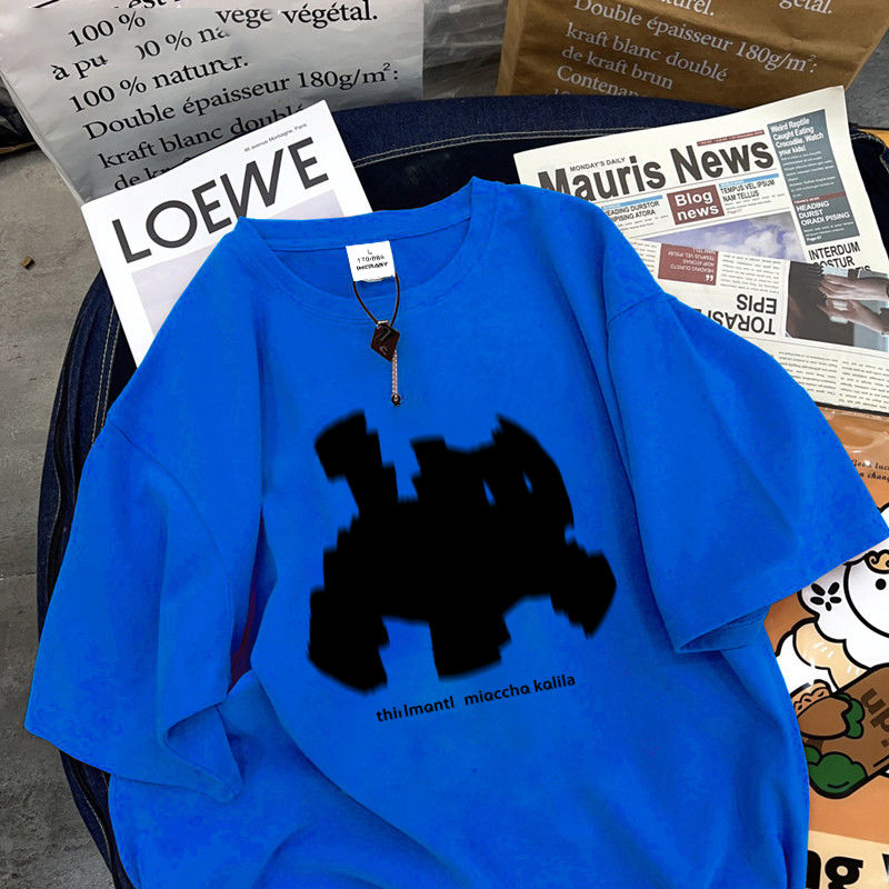 復古潮流高街小黑貓印花五分袖T恤