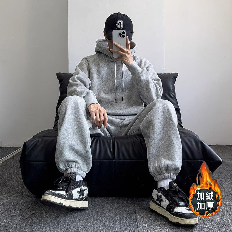 【套裝】簡約高級感街頭長袖衛衣+加絨加厚運動束腳兩件套套裝