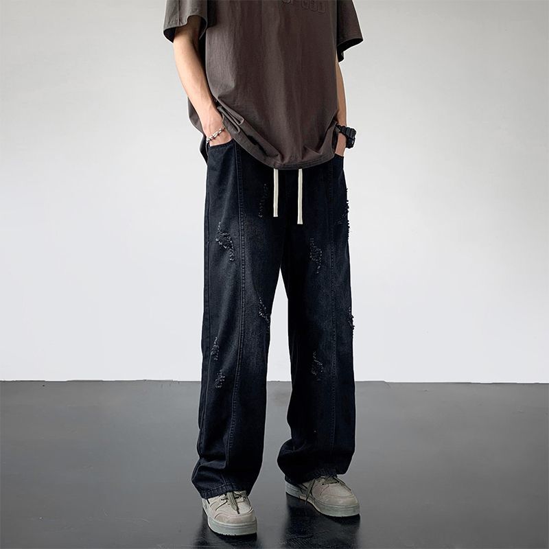 時尚潮流寬鬆闊腿直筒破洞牛仔褲