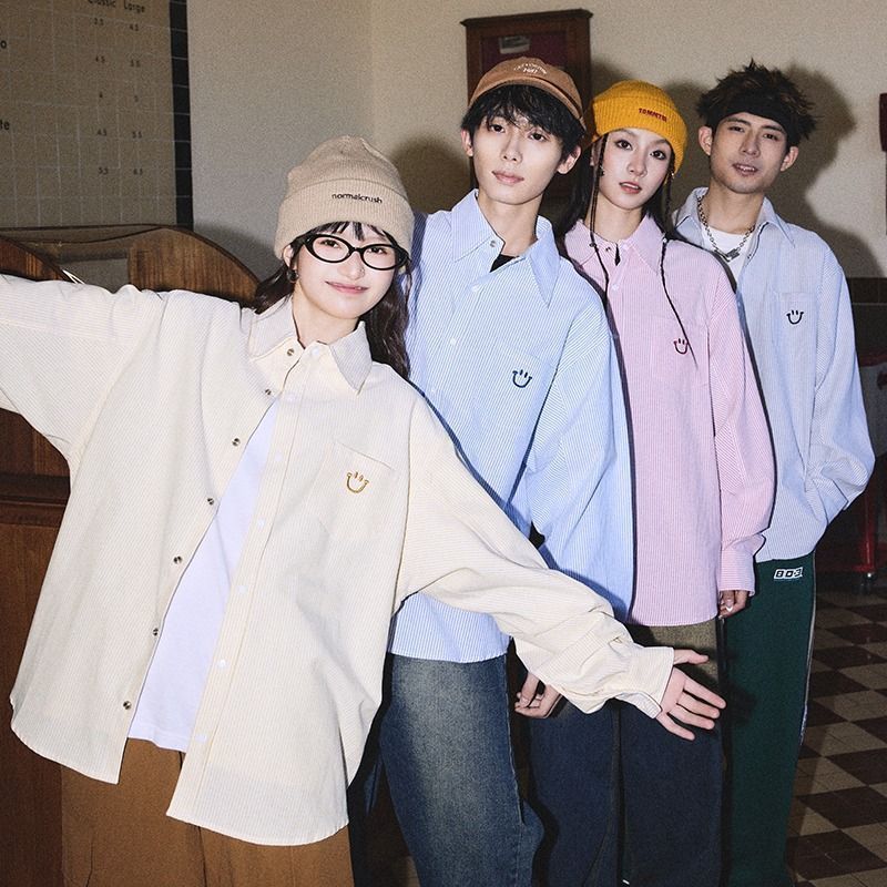 新款春秋情侶款刺繡笑臉條紋襯衫長袖外套寬鬆學院風休閒百搭襯衣