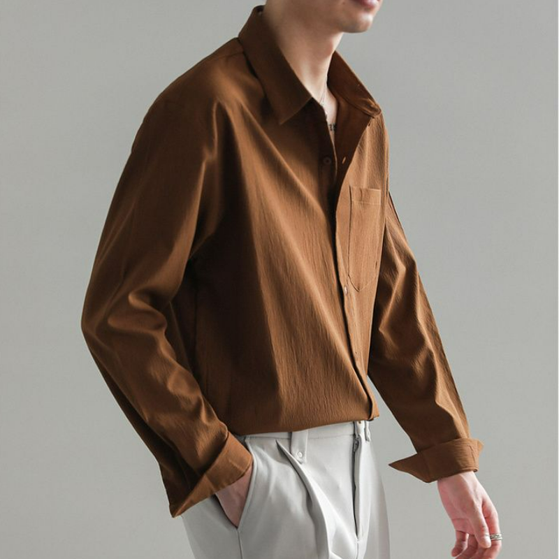 輕熟韓風潮流帥氣寬鬆休閒皺紋垂感長袖襯衫