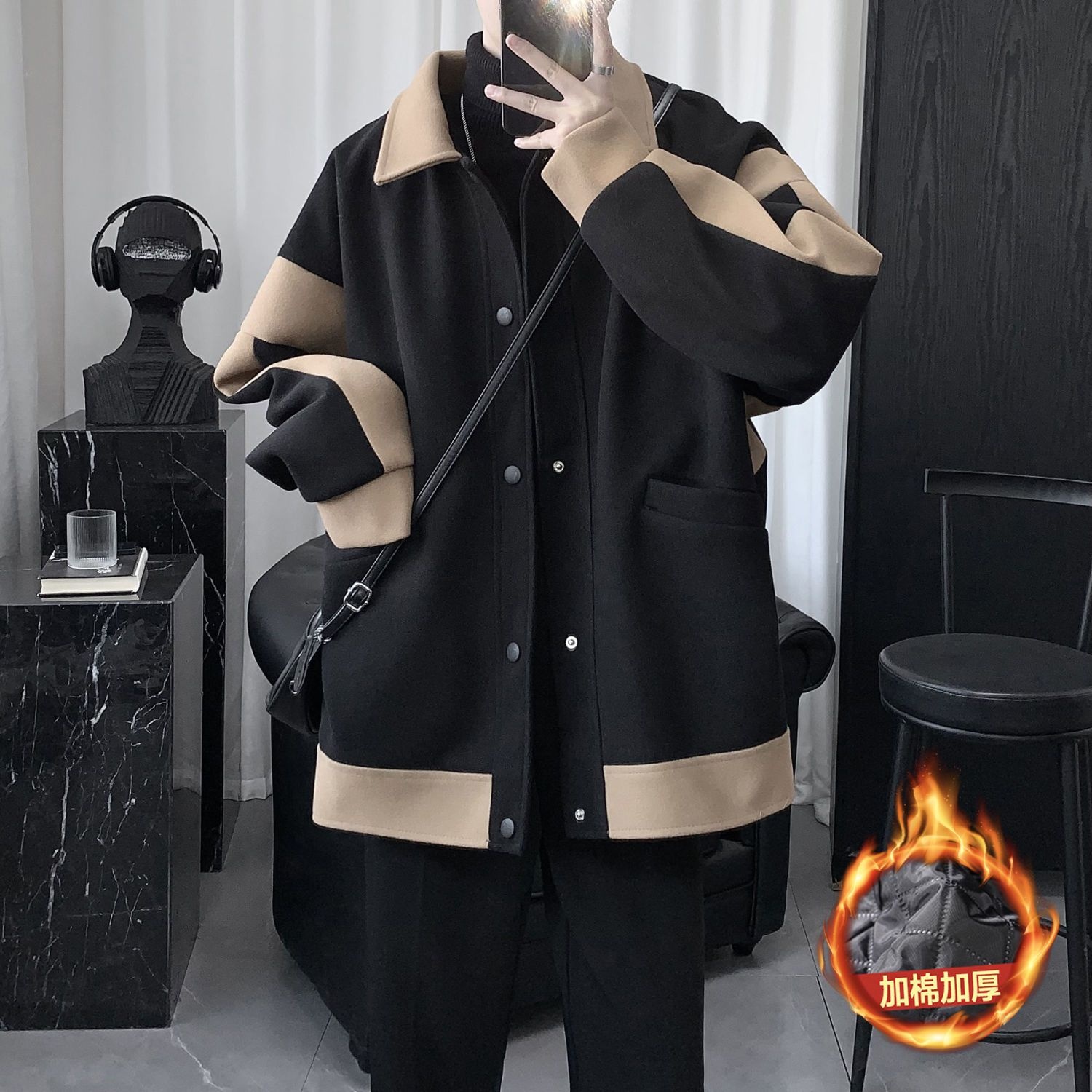 【單件/套裝】潮流韓版加厚毛呢夾克外套+高領毛衣+刷毛百搭西裝褲三件套