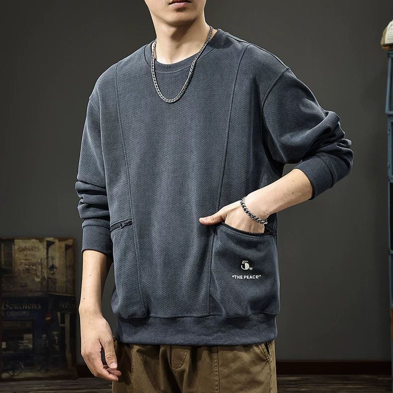 美式工裝拉鍊口袋復古重磅寬鬆圓領長袖T恤