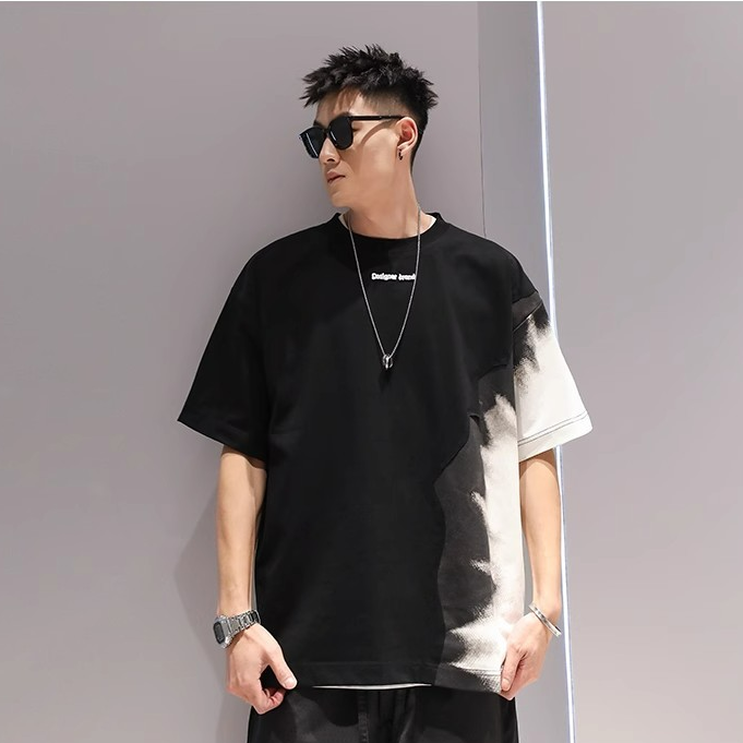 夏季撞色重磅純棉拼接漸變短袖男美式潮牌設計感寬鬆小眾痞帥T恤