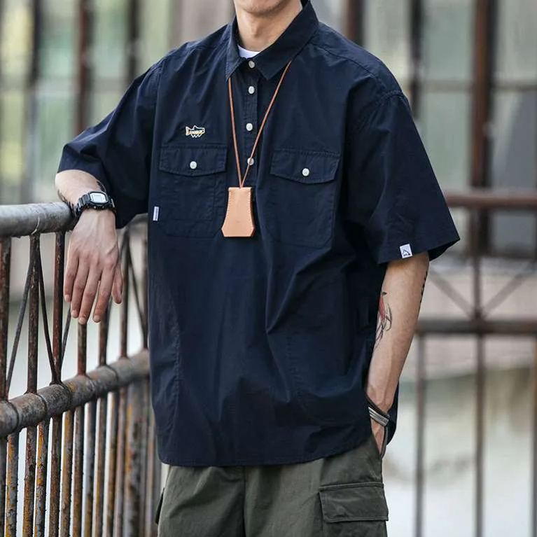 日系復古工裝POLO領高級感休閒T恤ins襯衫短袖