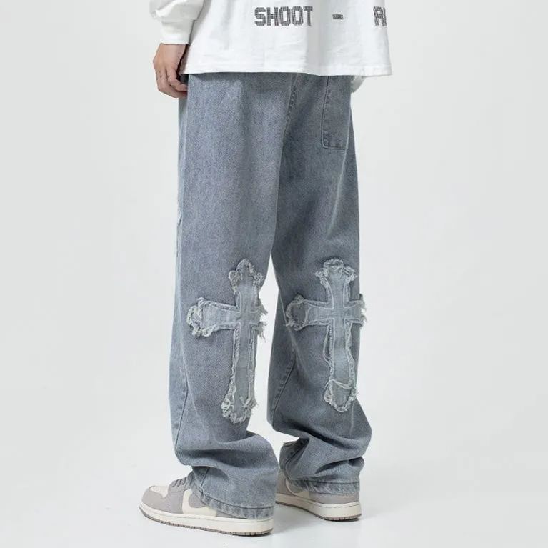 高街十字架貼布嘻哈痞帥炸街直筒寬鬆闊腿牛仔褲