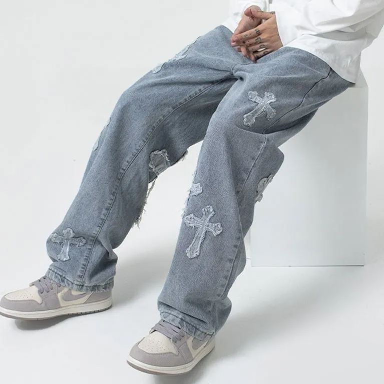 高街十字架貼布嘻哈痞帥炸街直筒寬鬆闊腿牛仔褲