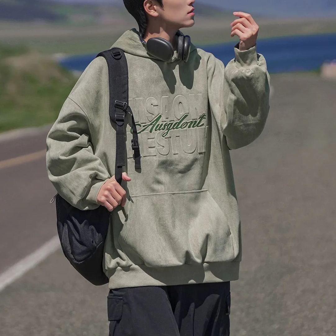 潮流麂皮絨連帽外套美式復古寬鬆休閒套頭重磅衛衣