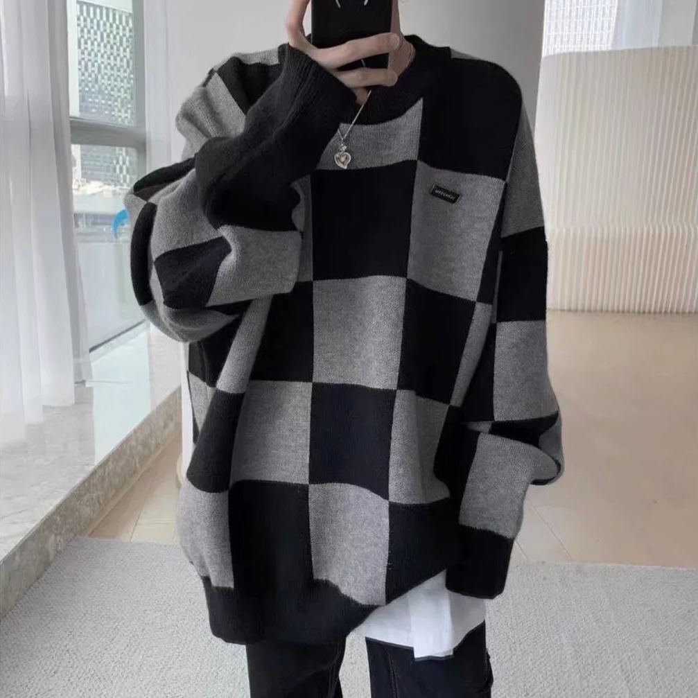 棋盤格半高領百搭慵懶風針織衫長袖