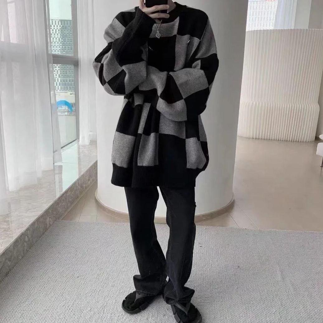 棋盤格半高領百搭慵懶風針織衫長袖